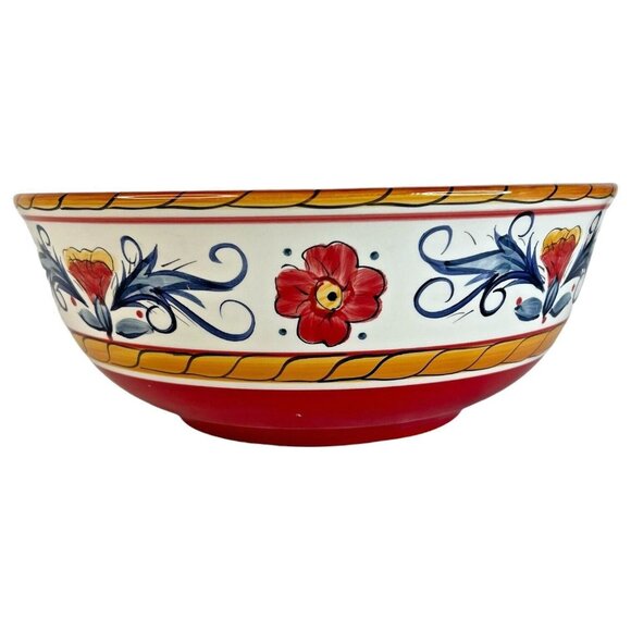 Tabletops Gallery Italiano Large Servng Bowl Red Blue Hand Painted Floral 10 IN - Picture 1 of 8